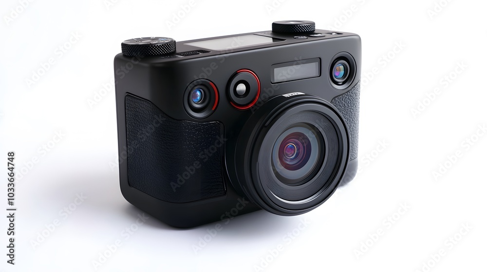 New 4K action camera in black color. Isolated white background. New 4K action camera in black color. Isolated white background.