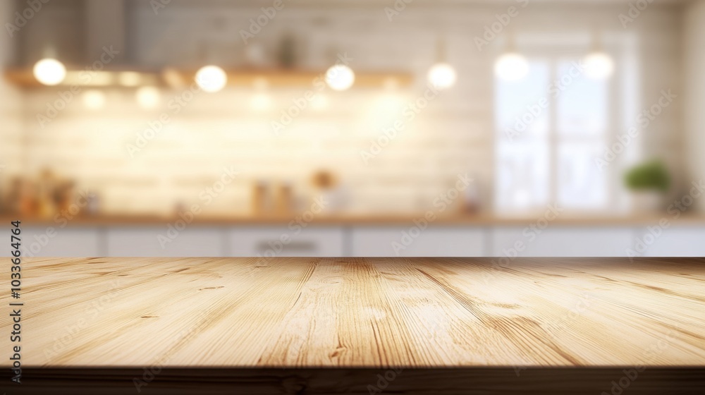 Empty wooden countertop in a bright, modern kitchen with blurred bokeh lighting and white cabinets in the background. Clean, minimal space perfect for product display. Empty wooden countertop in a bright, modern kitchen with blurred bokeh lighting and white cabinets in the background. Clean, minimal space perfect for product display.