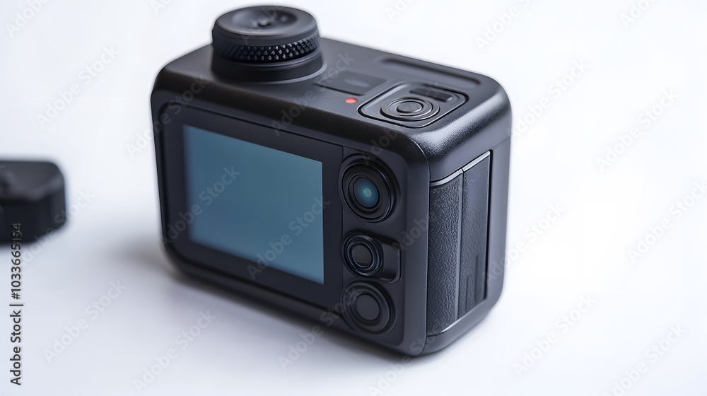 New 4K action camera in black color. Isolated white background. New 4K action camera in black color. Isolated white background.