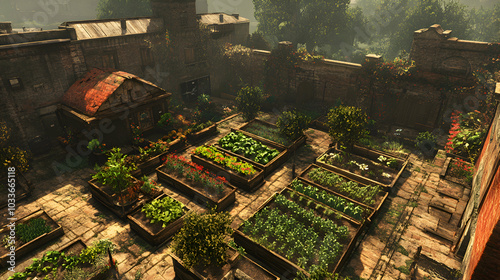 A rooftop garden with a mix of vegetable beds, herbs, and flowering plants, providing a green space for city dwellers photo