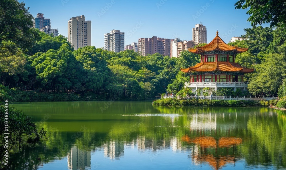 A pagoda by a lake with city buildings in the A pagoda by a lake with city buildings in the