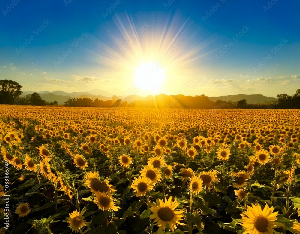 Fototapeta premium Shining Sun Over a Sunflower Field