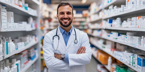 Smiling Pharmacist Standing in Pharmacy Aisle with Crossed Arms