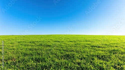 Expansive lush green pasture under a clear blue sky, perfect for summertime nature-themed designs. Ample copy space for text or branding