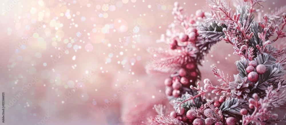 Enchanting winter landscape with delicate pink branches covered in glistening frost and snow creating a serene and picturesque scene against a soft blurred background