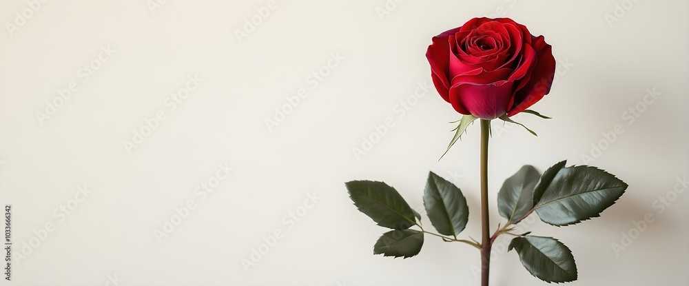 Fototapeta premium Single red rose on cream background. Singles Day minimal design
