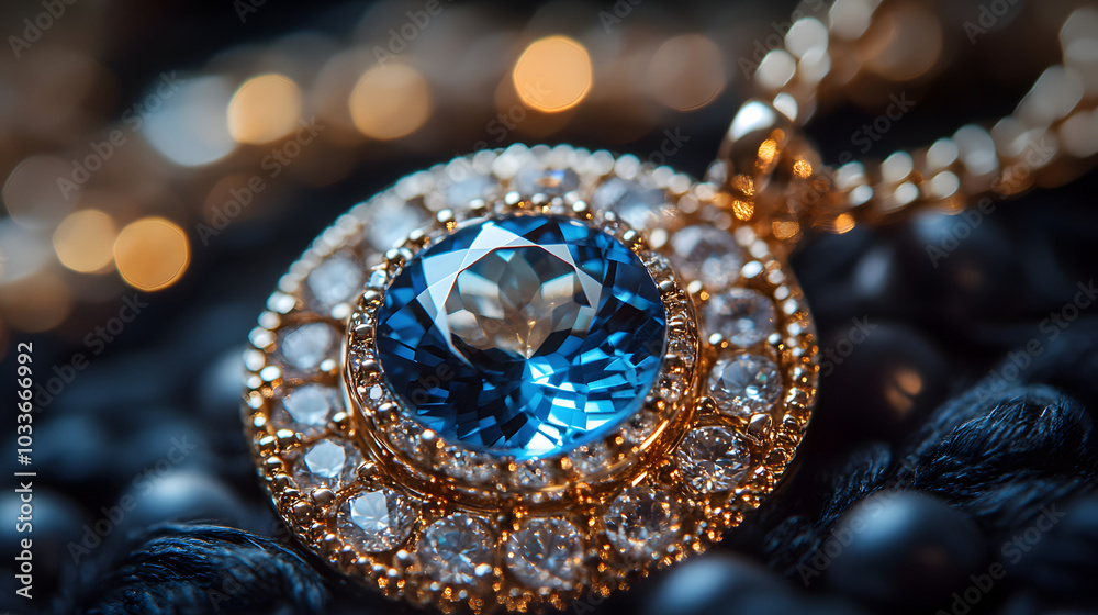 A Close-Up of an Elegant Gold Necklace with a Large Blue Gemstone Pendant.
A Close-Up of an Elegant Gold Necklace with a Large Blue Gemstone Pendant.