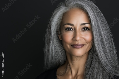 A portrait of a mature woman with long gray hair and a confident smile, showcasing her natural beauty and elegance against a dark background, emphasizing grace, wisdom, and poise