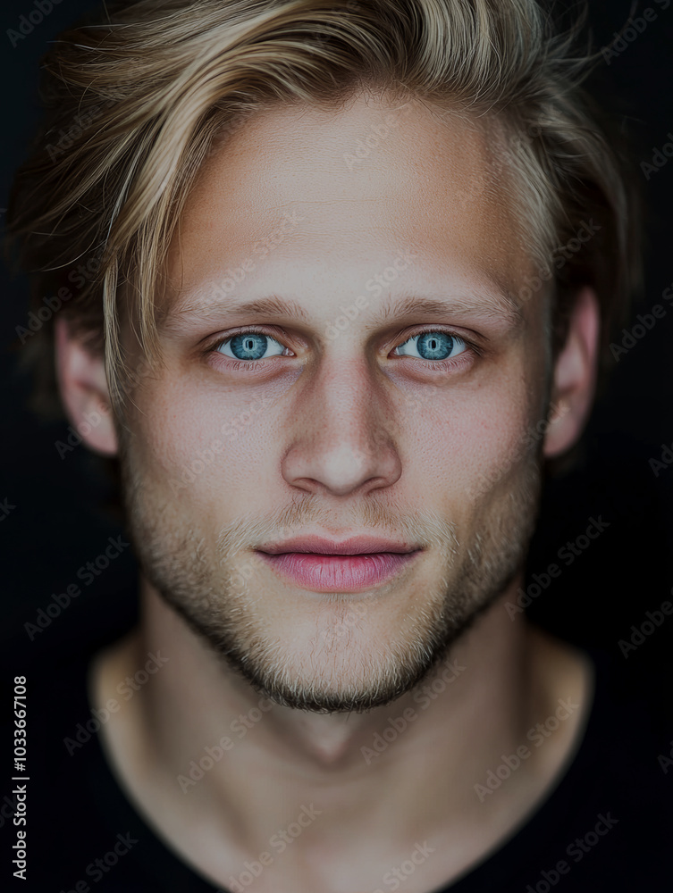 Fototapeta premium Intriguing Gaze: A captivating portrait of a young man with piercing blue eyes and tousled blonde hair. His confident expression and soft smile hint at a story waiting to be told.