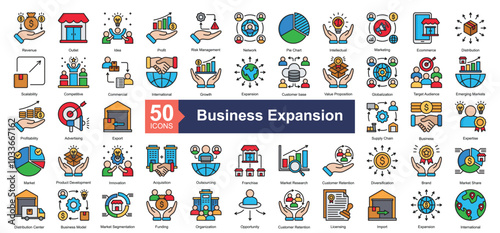 Business Expansion icon collection set. Containing Revenue, Outlet, Idea, Profit, Risk Management, Network, Pie Chart, Intellectual, Marketing icon. Simple Color Lineal illustration.