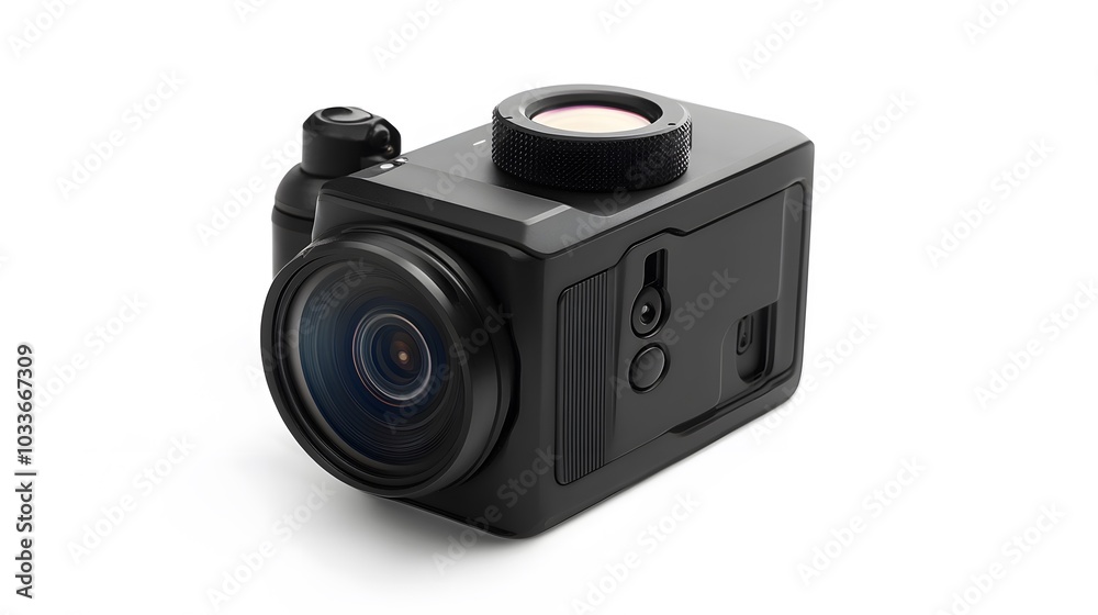 New 4K action camera in black color. Isolated white background. 