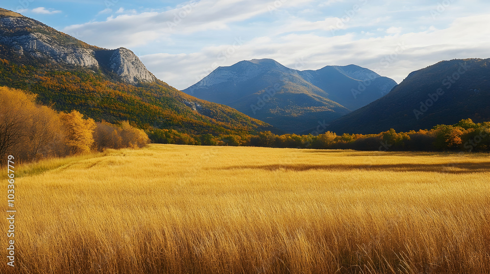 Autumn landscape with a golden field and mountains - Autumn landscape with a golden field and mountains -