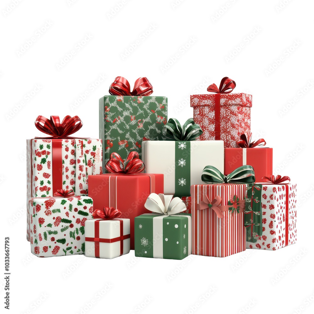 Stack of festive Christmas gift boxes in red, green, and white, decorated with ribbons.
Stack of festive Christmas gift boxes in red, green, and white, decorated with ribbons.