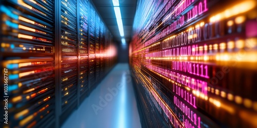 Data Center Corridor: A mesmerizing view down a data center aisle, showcasing rows of powerful servers bathed in vibrant, futuristic lighting.