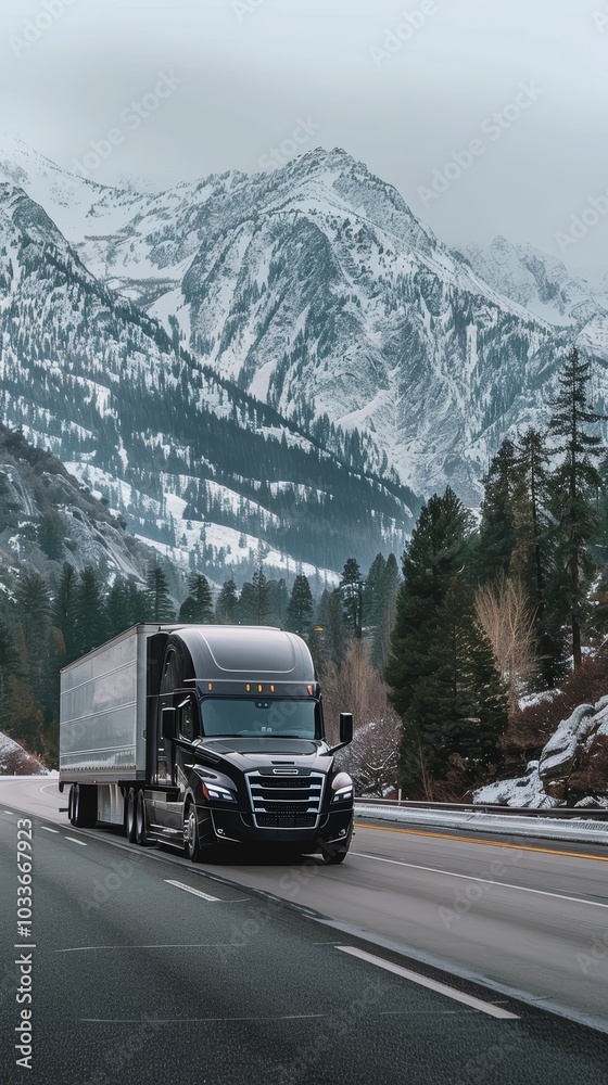 A modern semi truck cruises down a highway surrounded by tall snowy peaks and green forest under a subdued sky. A modern semi truck cruises down a highway surrounded by tall snowy peaks and green forest under a subdued sky.