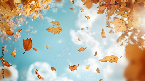 Autumn leaves blowing in the wind, forming a natural frame with copy space -