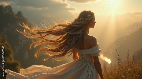 Woman in a white dress with long blonde hair blowing in the wind at sunset.