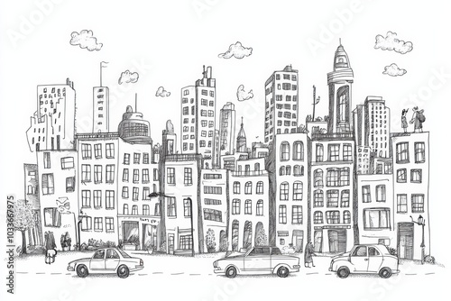 Vibrant hand-drawn urban doodles showcase buildings, cars, and lively street activities, creating a dynamic city atmosphere. Generative AI