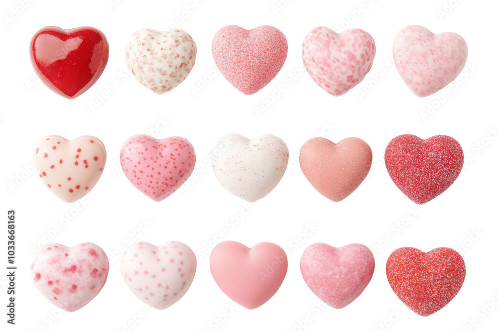 Assorted heart-shaped candies in pink, red, and white, perfect for Valentine's Day.
Assorted heart-shaped candies in pink, red, and white, perfect for Valentine's Day.