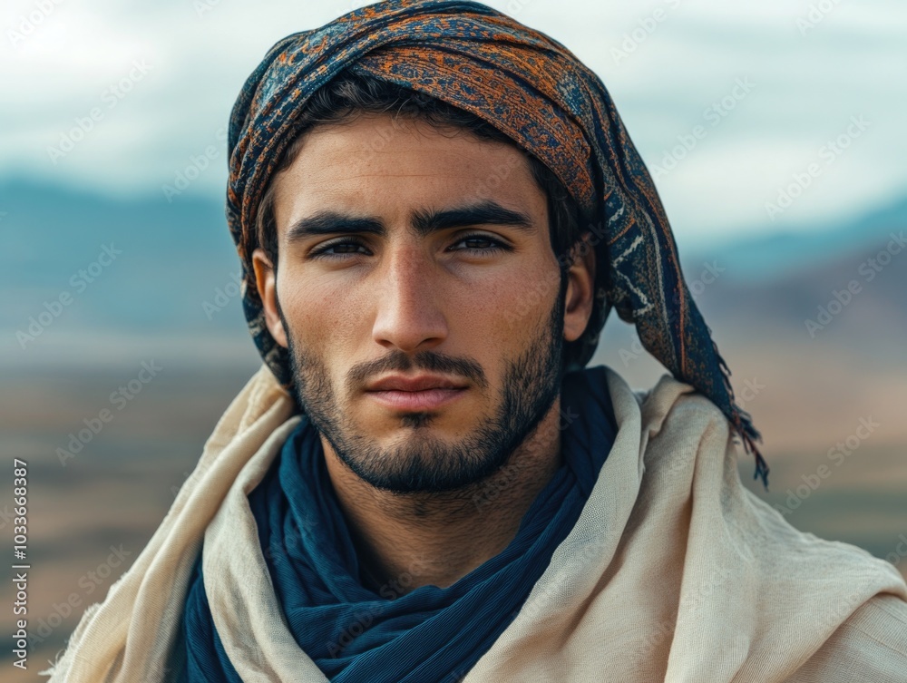 Bearded Man in Traditional Clothing, Aged Landscape Bearded Man in Traditional Clothing, Aged Landscape