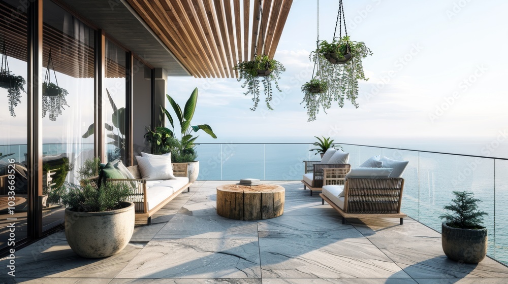 Obraz premium Ultra detailed balcony with ocean vistas, modern wooden furniture