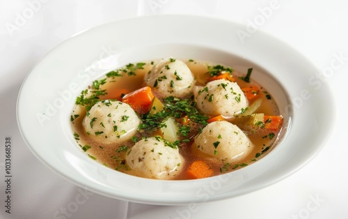 Elegant presentation of matzo ball soup with a sprinkling of parsley, set against a bright white backdrop for a clean, appetizing look. photo