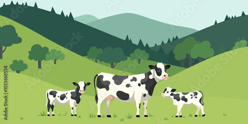 Pastoral Scene with Cows in Green Hills Vector