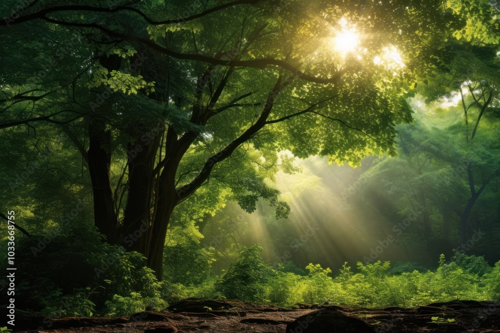 Obraz premium Lush green forest landscape light sunlight.