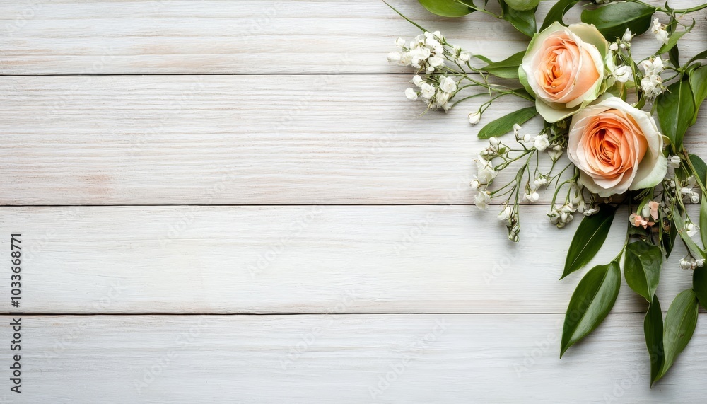 A bouquet of soft peach roses and delicate white flowers rests on a light wooden surface, creating a serene and elegant floral arrangement. A bouquet of soft peach roses and delicate white flowers rests on a light wooden surface, creating a serene and elegant floral arrangement.