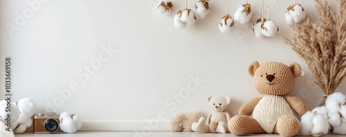 Stylish scandinavian newborn baby room with toys, plush animal, photo camera and child accessories. Cozy decoration and hanging cotton balls on the white wall. Copy, Generative AI