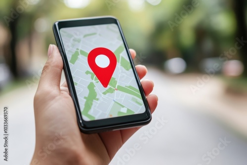 A male hand grasps a smartphone showing a clear location pin on a map, indicating a point of interest on a sunny day outdoors. Generative AI