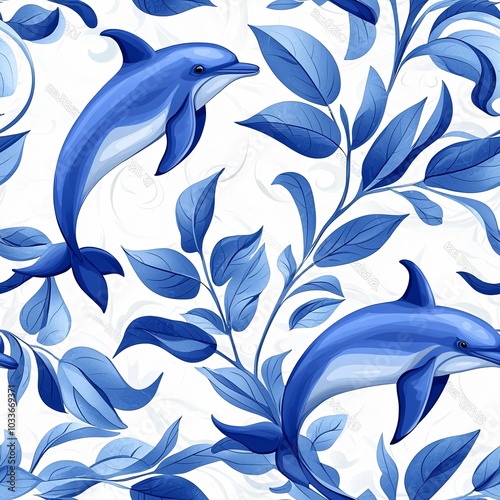 Blue dolphins swim among stylized leaves in a decorative pattern, creating a vibrant and serene oceanic theme. photo