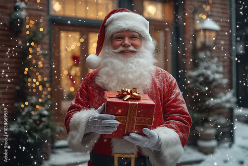 Portrait of Santa Claus holding gift box in front of his house