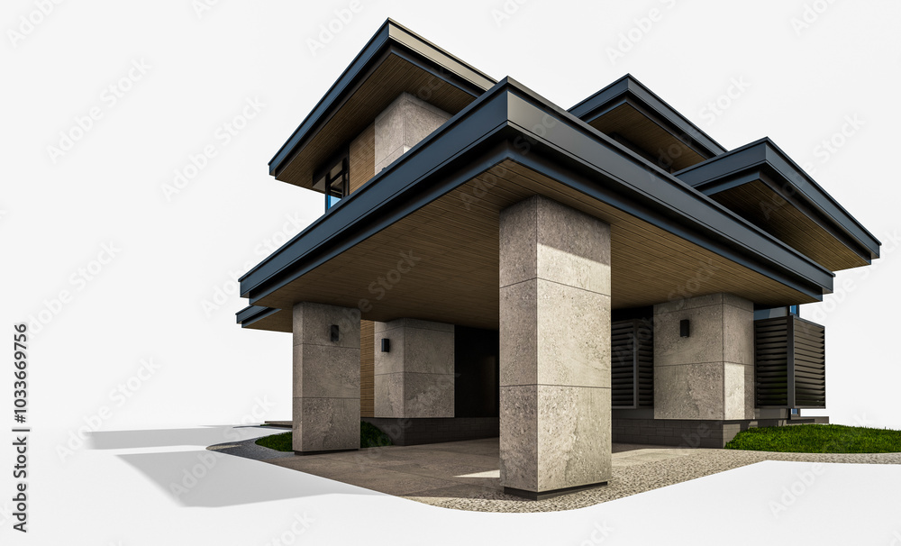 3d rendering of modern two story house with gray and wood accents, large windows, parking space in the right side of the building, daylight, isolated on white 3d rendering of modern two story house with gray and wood accents, large windows, parking space in the right side of the building, daylight, isolated on white