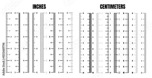 Vertical centimeter and inch scale for measuring length or height. Various measurement scales with divisions. Ruler, tape measure marks, size indicators. Vector illustration