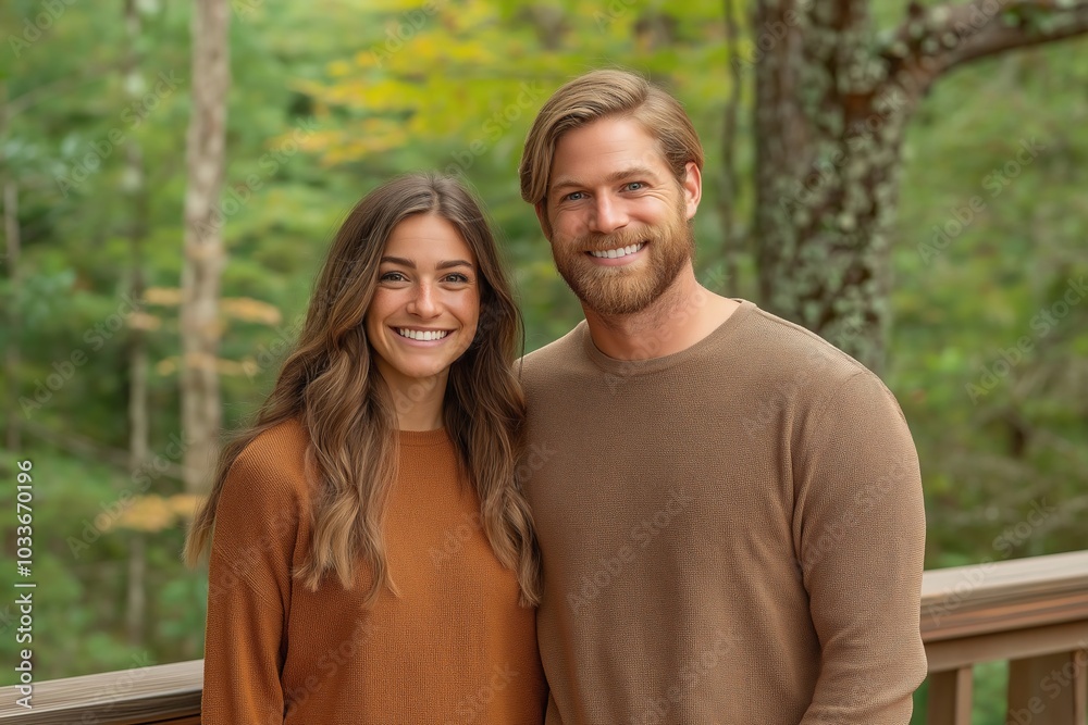 Fototapeta premium A smiling couple wearing matching brown knit sweaters, standing outside on a wooden deck with a natural green forest in the background, capturing a cozy and serene moment in nature