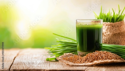 Green organic wheat grass drink over wood background,young grass stage. Fresh juice.