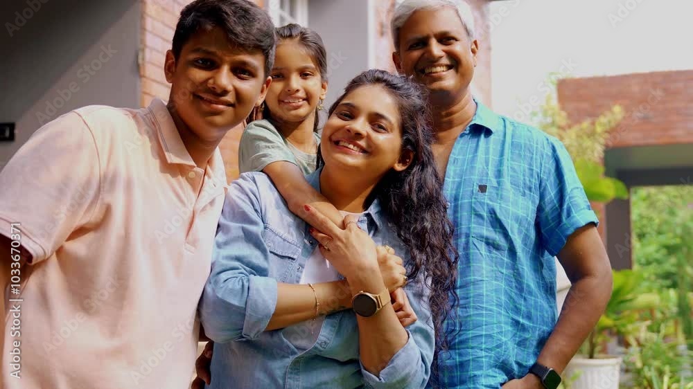An Indian Asian family of four, parents in their forties and two kids, smiling while posing for a joyful portrait outside their lavish home, capturing a cherished moment together.