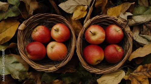 Two wicker baskets filled with red apples resting on a bed of fallen autumn leaves, capturing the essence of the harvest season and the beauty of fall