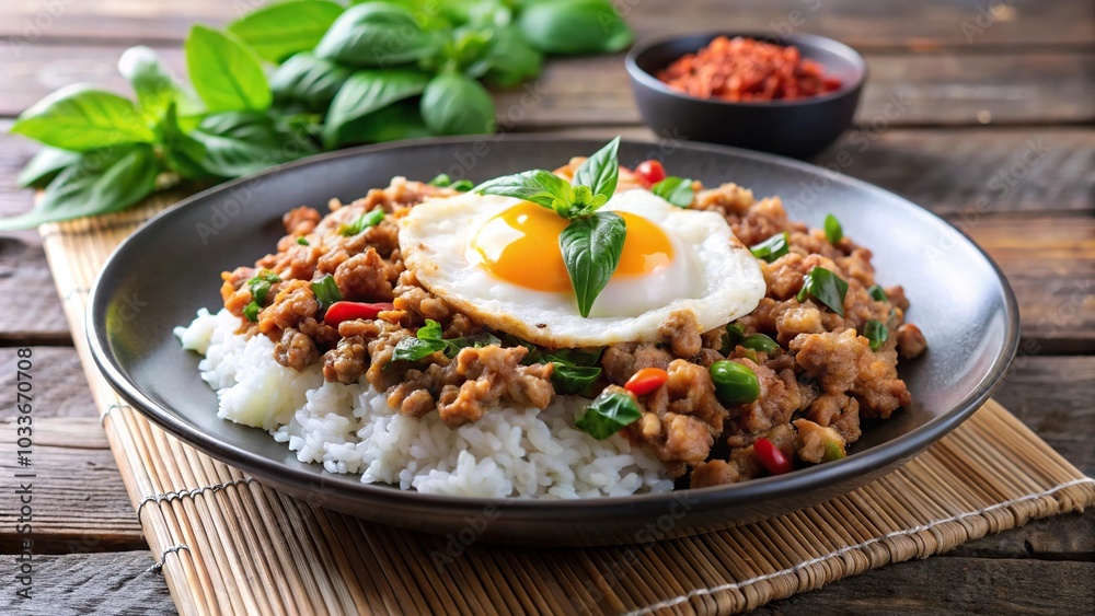 Delicious depth of field basil minced pork with rice and fried egg dish Delicious depth of field basil minced pork with rice and fried egg dish