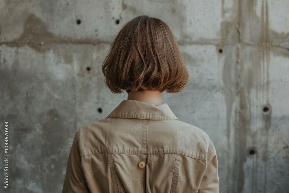 The back view of a woman with beautiful curly hair dressed in a brown coat The back view of a woman with beautiful curly hair dressed in a brown coat