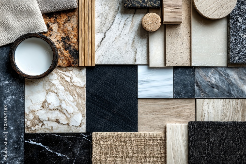 Stylish flat lay comosition of creative architect moodboard with black, white, beige and grey samples of textile, paint, wooden lamella panels and marble tiles. Top view. Copy space, Generative AI Stylish flat lay comosition of creative architect moodboard with black, white, beige and grey samples of textile, paint, wooden lamella panels and marble tiles. Top view. Copy space, Generative AI