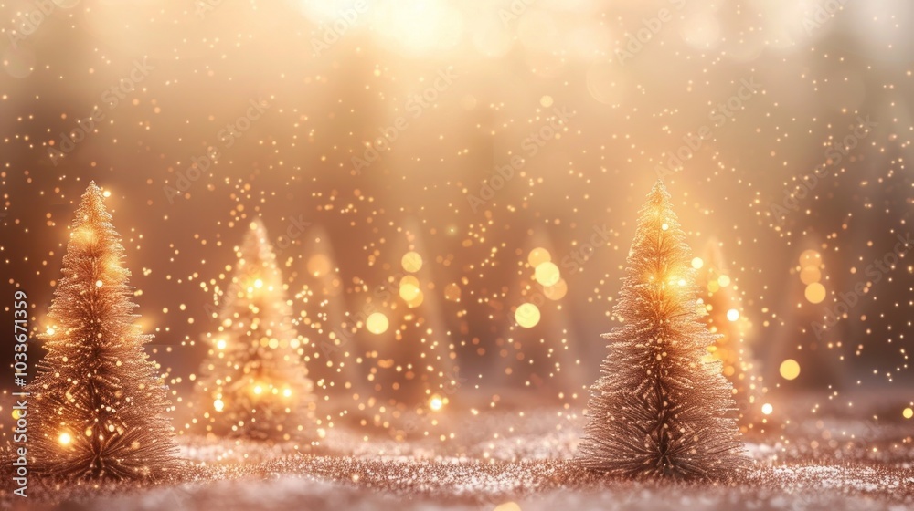 Naklejka premium Enchanting winter wonderland scene with glimmering Christmas trees covered in snow surrounded by a soft sparkling glow of festive lights Peaceful serene landscape with a cozy