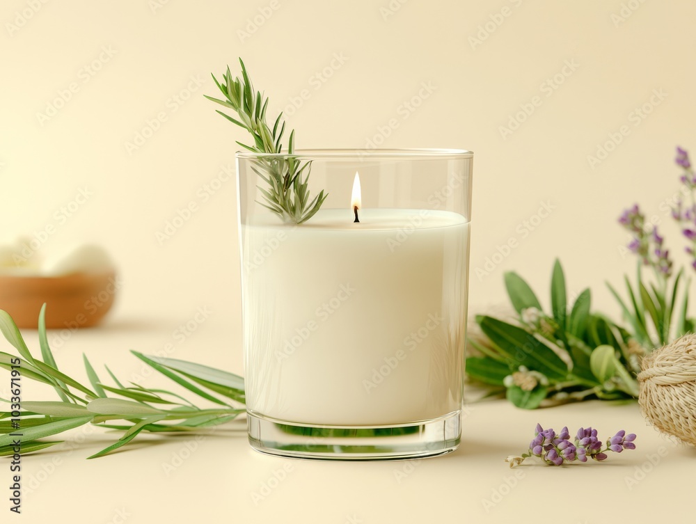 A serene candle in a glass holder, adorned with a sprig of rosemary, surrounded by green herbs and lavender, set against a soft beige background.