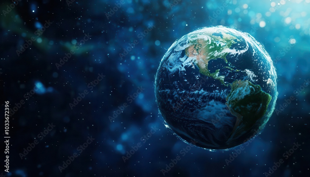 Obraz premium Earth as if floating in the ocean, metaphor for global warming, isolated on dark blue space background