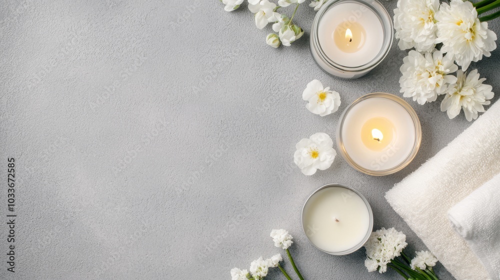 A serene arrangement of candles and white flowers on a textured surface, creating a calming and tranquil ambiance. A serene arrangement of candles and white flowers on a textured surface, creating a calming and tranquil ambiance.