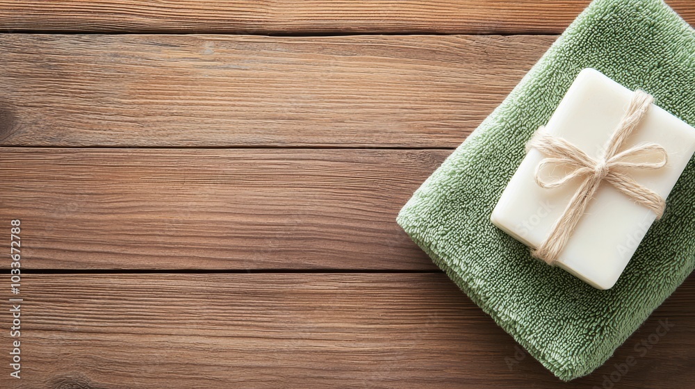 A neatly wrapped present on a green towel, set against a rustic wooden background, creating a cozy, inviting atmosphere. A neatly wrapped present on a green towel, set against a rustic wooden background, creating a cozy, inviting atmosphere.