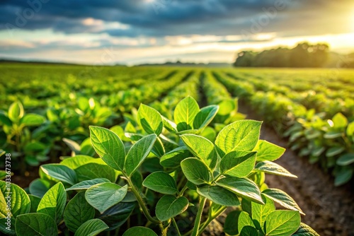 Close-Up soy plant growing in a lush green field on the farm