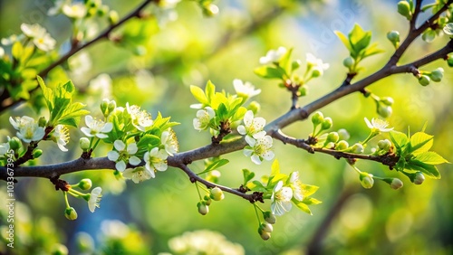 Close-Up spring blooming tree branch with green flower in spring