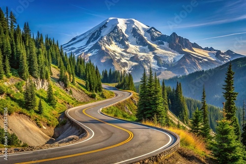 Close-Up Steven Canyon Road Curve Around the Hill Below Mount Rainier photo